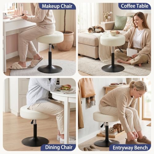 Furniliving Adjustable Swivel Vanity Stool, Makeup Ottoman Stool, PU Leather Chair for Makeup Room, Small Makeup Stool for Vanity, Bedroom, Living Room, White