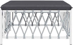 Patio Footstool with Cushion, White Woven Fabric Garden Ottoman, Powder-Coated Steel Frame, Thickly Padded Seat, Modular Design for Outdoor Lounge