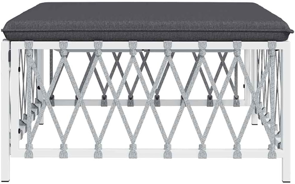Patio Footstool with Cushion, White Woven Fabric Garden Ottoman, Powder-Coated Steel Frame, Thickly Padded Seat, Modular Design for Outdoor Lounge