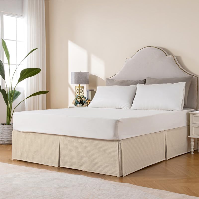 MIYE Pleated Waffle Weave Bed Skirt, Tailored Dust Ruffle 14 Inch Drop Easy Fit, Machine Washable,No Split Corners (Beige, King - 14" Drop)