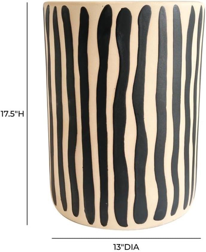 Pemberly Row Contemporary Ceramic Accent Table, Black Stripes, 13 in x 13 in x 17.5 in, Handmade and Hand-Painted, Textured Beige Finish, Side Table for Living Room, Patio, or Bedroom