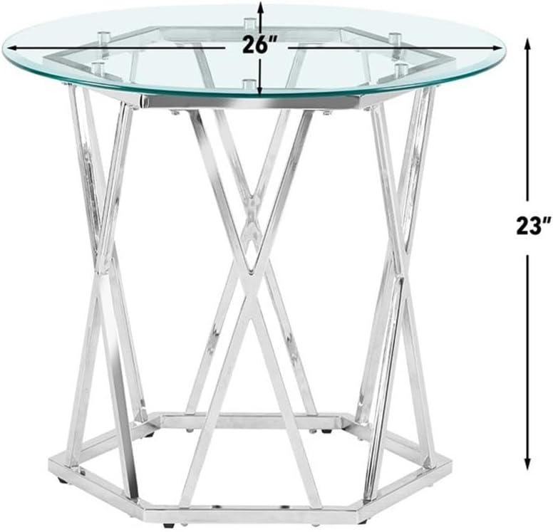 Pemberly Row Round Tempered Glass End Table, 26 in Width, Silver Chrome Finish, Iron Base with Hexagonal Design, Modern Accent Table for Living Room or Bedroom Use