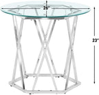 Pemberly Row Round Tempered Glass End Table, 26 in Width, Silver Chrome Finish, Iron Base with Hexagonal Design, Modern Accent Table for Living Room or Bedroom Use