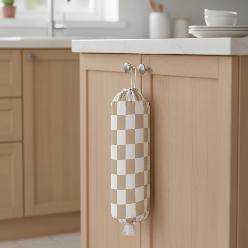 Plastic Bag Holder, Wall Mount Plastic Bag Organizer Dispenser Reusable Grocery Bag Organizer for Home Kitchen(Brown Checkered)
