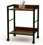 2-Tier Rolling Utility Cart Night Stand Organizer with Brown Wood Shelves and Black Metal Frame, End Side Table Storage Trolley on Wheels for Kitchen Office, Bathroom, Living Room