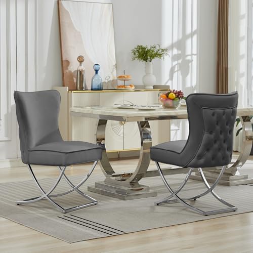 LOULENS Elegance Velvet Dining Chairs Set of 2, Luxurious Upholstered Tufted Dining Room Chairs, Glam Royal Velvet Accent Chairs with Stainless Steel Legs, Dark Gray