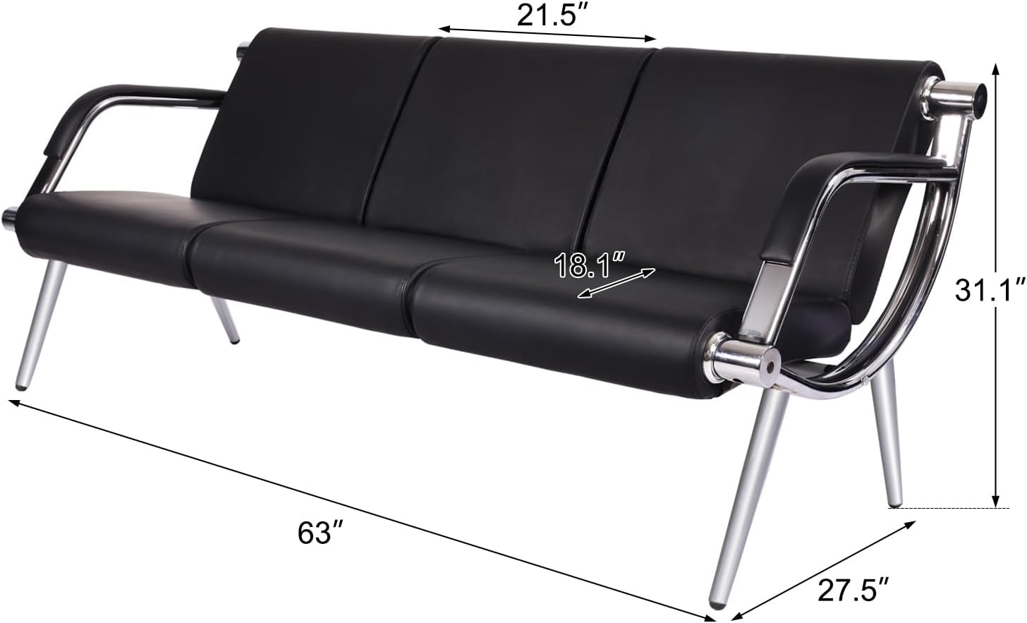 Kinfant Waiting Room Chair- Office Reception Furniture with Armrest and PU Leather Cushion, Office Guest Chair for Waiting Room Airport Hospital Bank Lobby, Black (Black, 3-seat)