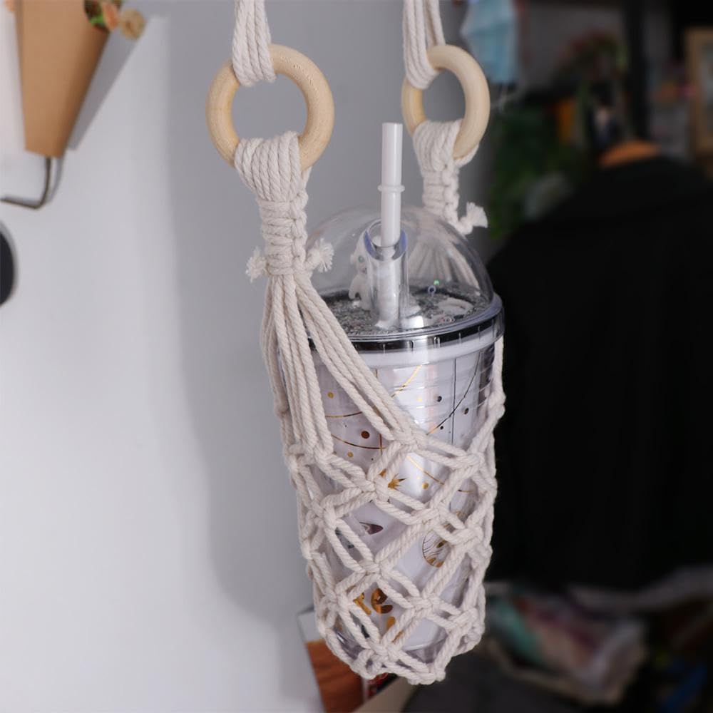 Hanging Water Bottle Net Bag Cotton Carrier with Hooks Portable Storage Holder for Wine Bottles DIY Accessories(white)
