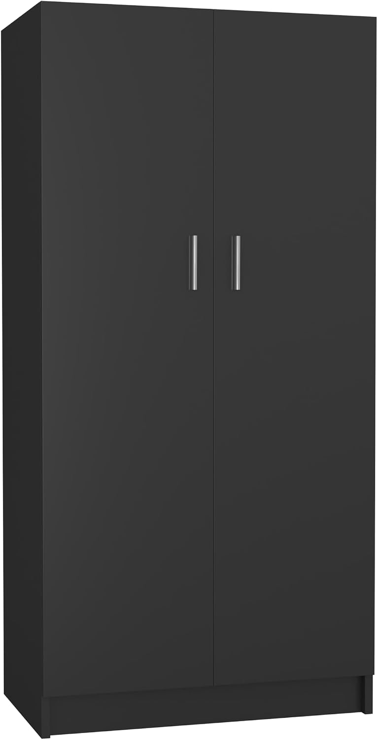 Panana 2 Door Wardrobe Closet Bedroom Armoires with 2 Shelves Storage, Hanging Rail for Bedroom (Black)