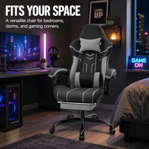 Gaming Desk Chair for Adults, Ergonomic Gaming Chair with Footrest & Headrest and Lumbar Support, Leather Material Height Adjustable Computer Video Game Chairs (Black+Gray)