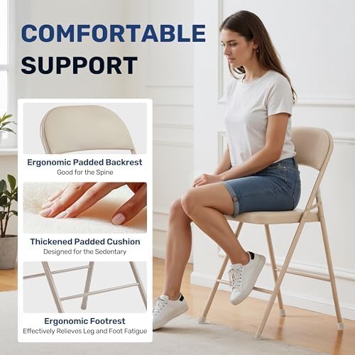 InfiniPower Folding Chairs 4 Pack with Vinyl-Padded Cushion and Back, Sturdy Metal Steel Foldable Chair, Portable Stackable Commercial Guest Seat for Indoor/Outdoor Events, Home, Office Use, Khaki