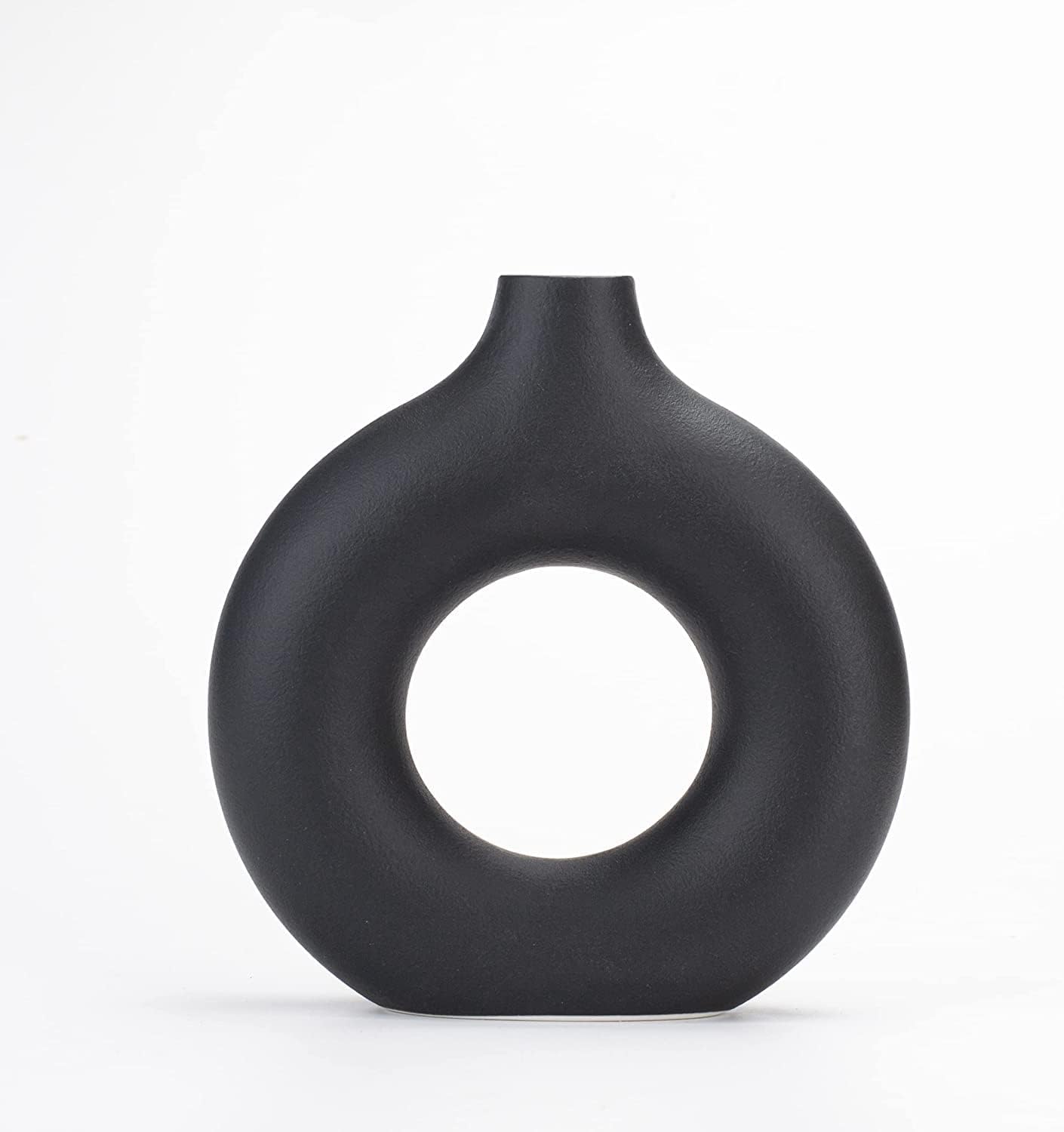 CEMABT Black Donut Vase Hollow Ceramic Vase for Flowers Handmade Minimalist Boho ins Style Modern Home Decor for Wedding Dinner Table Party Living Room Office Bedroom（M
