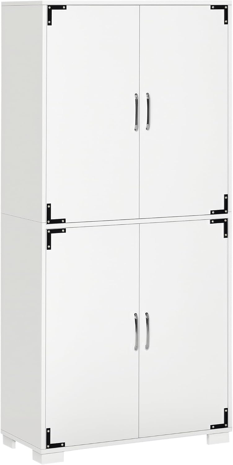 HOMCOM Industrial Kitchen Pantry Cabinet with 4 Doors and Storage Shelves, Freestanding Storage Cabinet, White