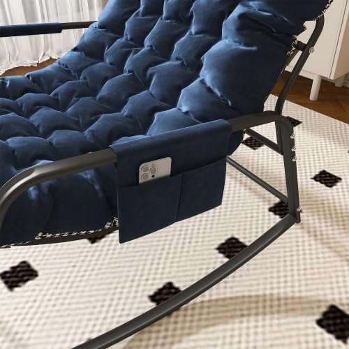 Rocking Chair with Storage Pocket, Upholstered Nursery Glider Rocker with Padded Armrest & Cushion, Ergonomic Accent Armchair for Living Room Bedroom Patio Garden, Breathable, Blue