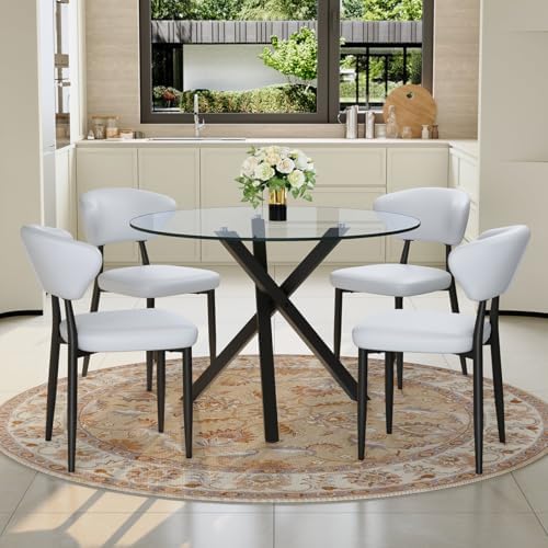Round Glass Dining Table Set for 4, 39" Round Kitchen Table and Chairs for 4 with Tempered Glass Top and Metal Base, 5 Piece Modern Dining Room Table Set for Small Spaces