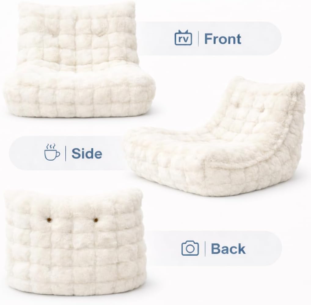 Bean Bag Chairs with Filler Faux Fur Fireside Beanbags Lazy Sofa for Memory Foam BeanBag Chair Bean Bag Sofa for Bedroom, Living Room, Office and Home (White)
