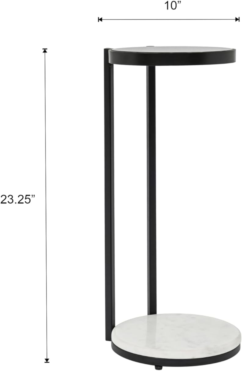 Black Drink Table with Glass Top & White Marble Base | Decorative Modern End Table | Metal Base Side Table | Accent Table for Living Room | 10x10x23.25