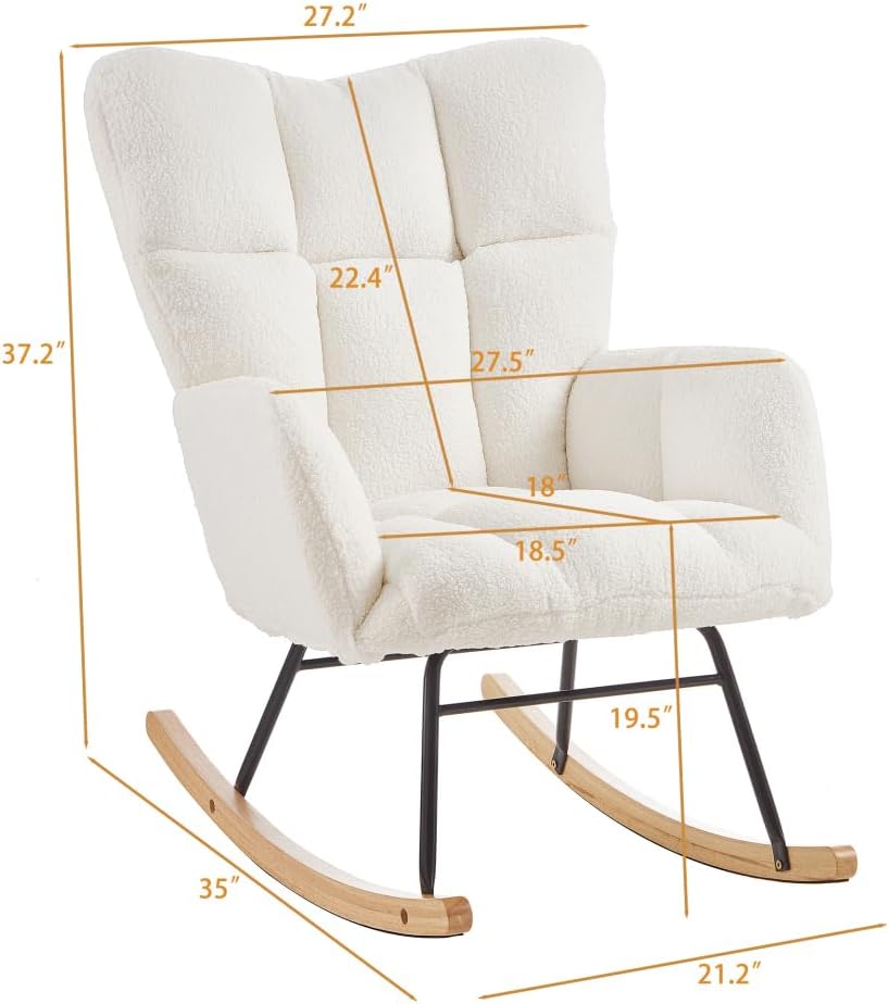Nursery Rocking Chair, Ergonomic High Back Armrests, Metal Frame Capacity Easy Assembly, Accent Chair with High Backrest Reading Chair for Adult, Nursery, Bedroom, Living Room,Offices