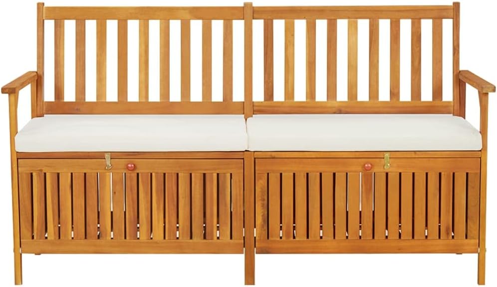 Solid Acacia Wood Storage Bench with Removable Cushion, 4-Piece Outdoor Storage Seating Set for Patio and Garden, Brown Polyester Cushion Included