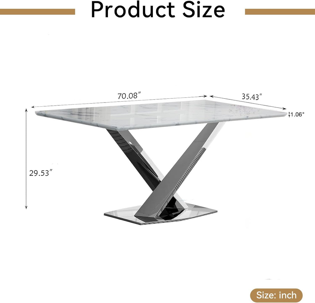 70" Faux Marble White Silver Dining Table for 6, Modern Dining Room Table with 0.71" Marble Printing MDF Top and Cross-Shaped Stainless Steel Base, Rectangular Large Kitchen Dinner Table