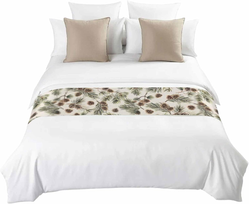 Yukro Brown Pine Cones Bed Runner Scarf, Green Leaves Branch Vintage Linen Twin Bed Scarf Runner, No Fading Decorative Bedding Scarf for Bedroom Hotels Homes and Guestrooms