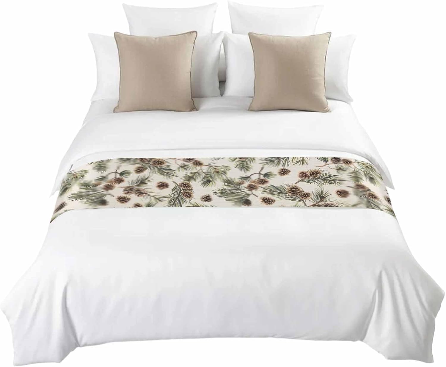 Yukro Brown Pine Cones Bed Runner Scarf, Green Leaves Branch Vintage Linen Twin Bed Scarf Runner, No Fading Decorative Bedding Scarf for Bedroom Hotels Homes and Guestrooms