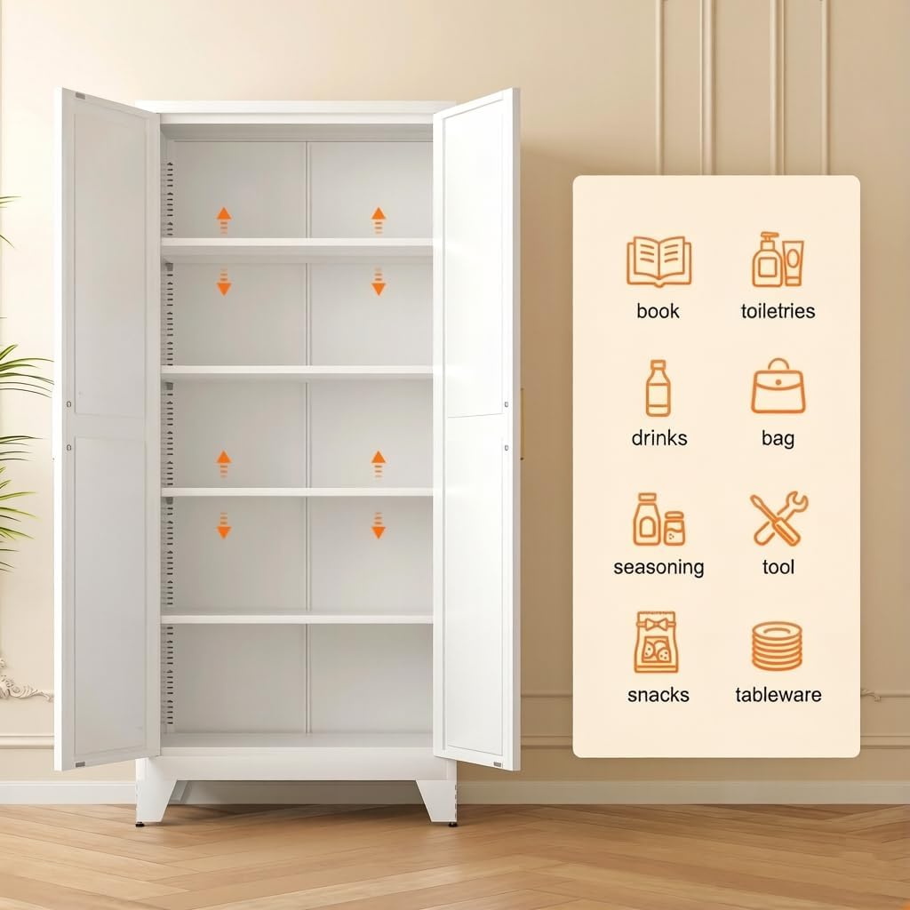 LCAOPC 71" Tall Metal Storage Cabinet with 2 Doors and 4 Adjustable Shelves, 5-Tier Kitchen Pantry Storage Cabinet for Kitchen, Living Room, Dining Room and Office, White