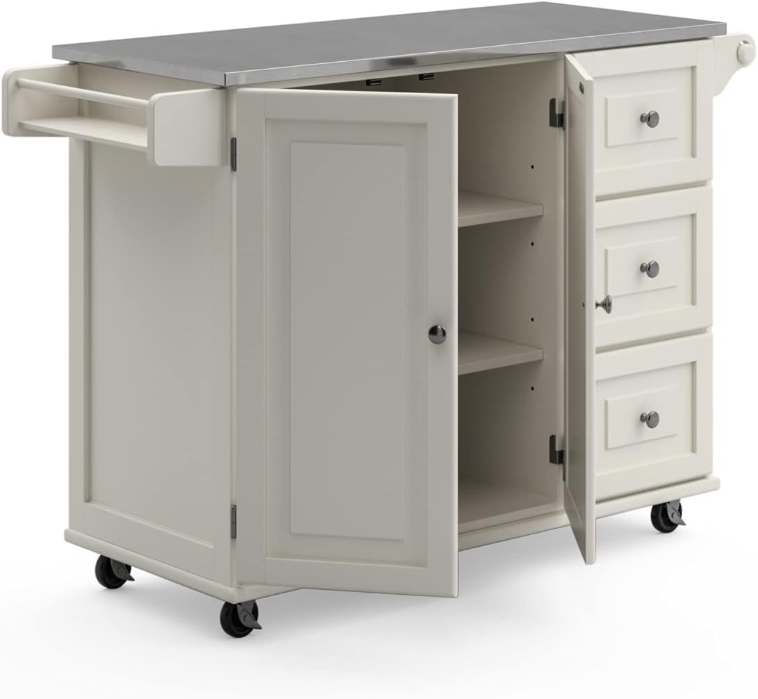 53.5" Kitchen Island Cart with Storage, Rolling Kitchen Cart on Wheels with Stainless Steel Top, Mobile Prep Station with Drawers, Cabinets, Adjustable Shelves & Towel Rack, Solid Wood, Off White