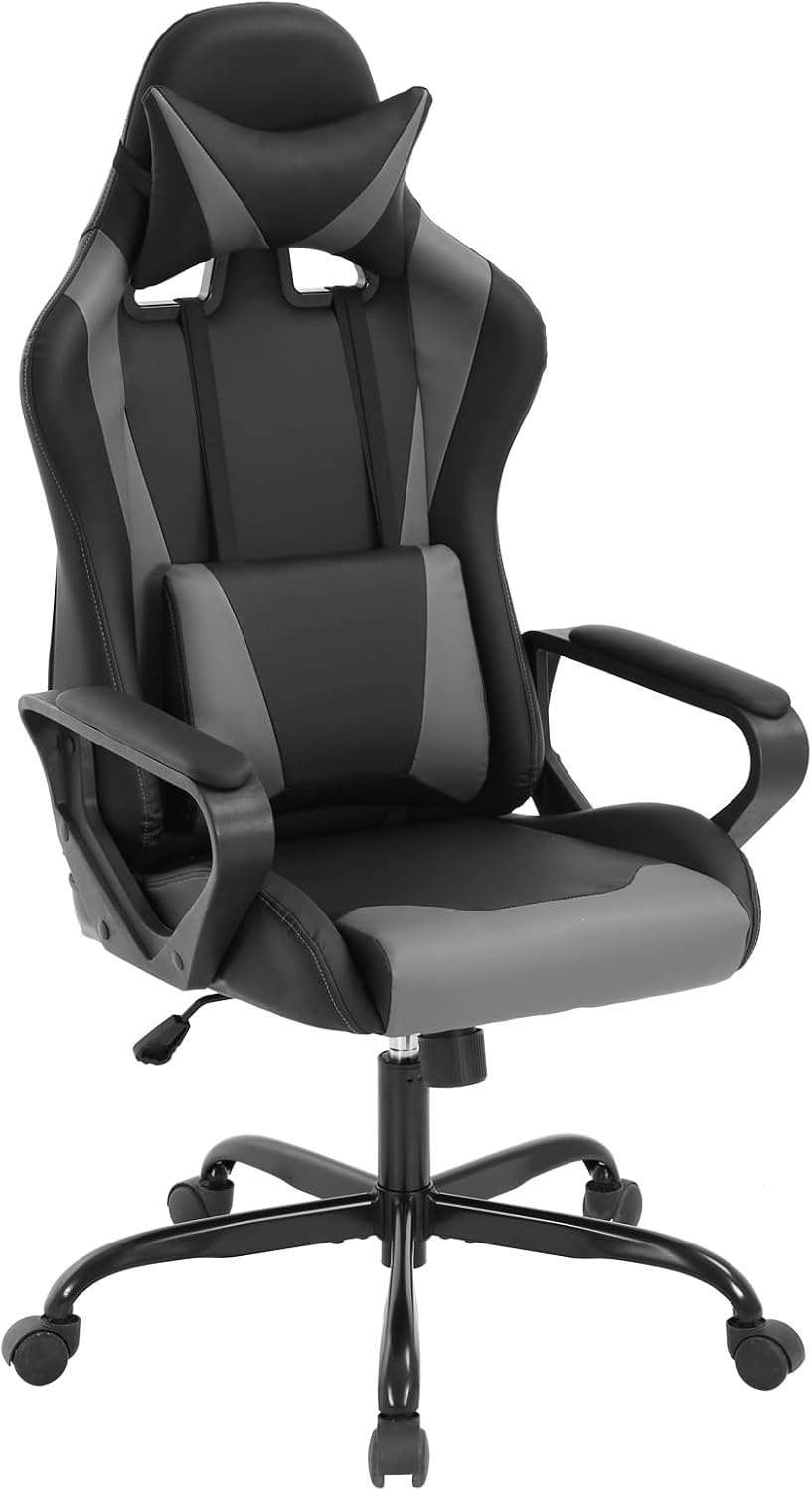 Grey Gaming Chair | Ergonomic High Back Desk Chair Racing Style with Lumbar Support, Headrest & Arms - Heavy Duty Swivel Computer Chair for Office