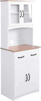 White Wooden Kitchen Pantry Cabinet with Glass Doors & Drawers – 66.9" Tall Microwave Stand with Adjustable Shelves, Storage Hutch for Dishes, Appliances & Utensils (23.62"L x 15.75"W, MDF)