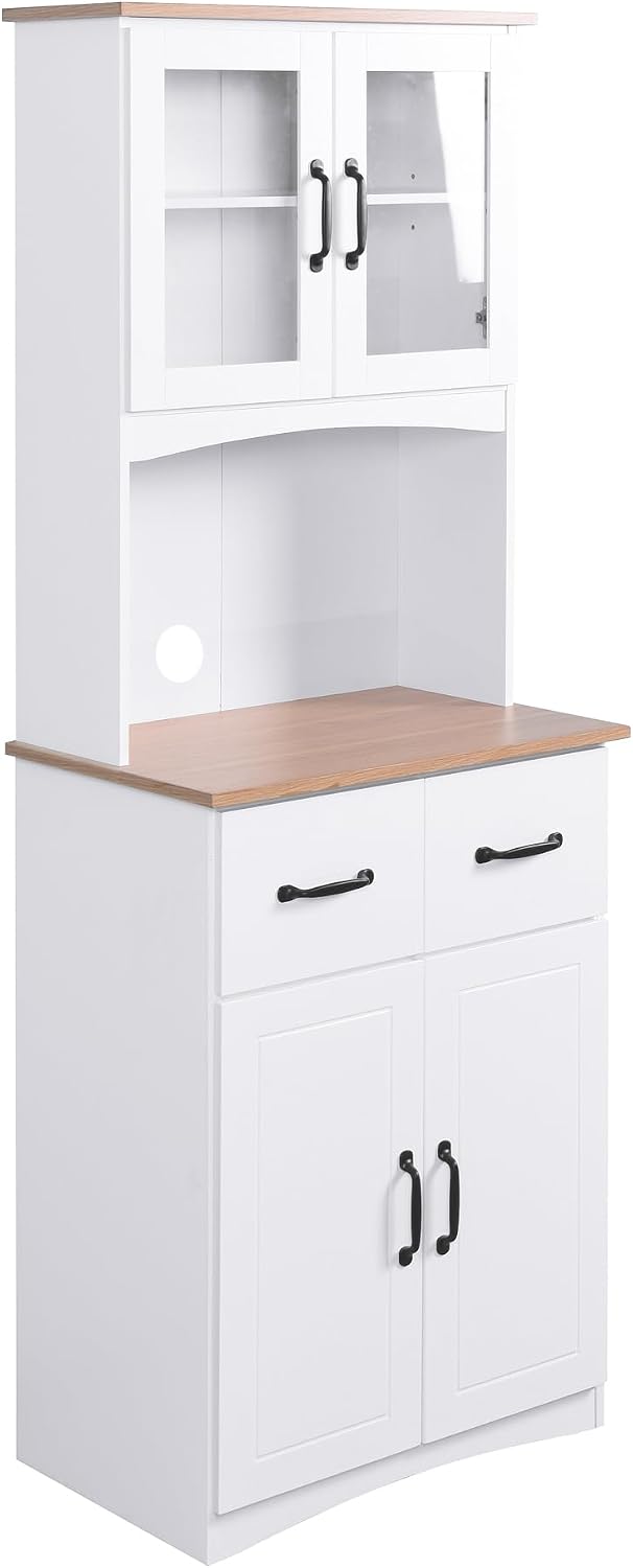 White Wooden Kitchen Pantry Cabinet with Glass Doors & Drawers – 66.9" Tall Microwave Stand with Adjustable Shelves, Storage Hutch for Dishes, Appliances & Utensils (23.62"L x 15.75"W, MDF)