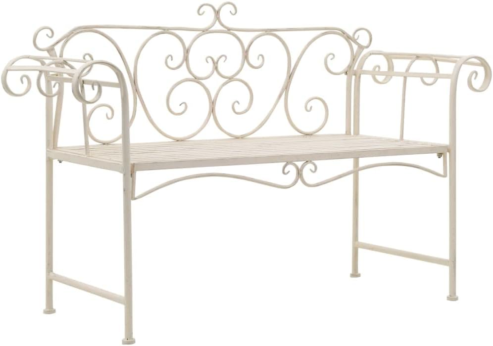 Garden Bench Antique White Metal 52 in Width Decorative Inlays,Sturdy Metal Garden Bench with Vintage Scroll Design, WeatherResistant and for Outdoor Use Patio Furniture
