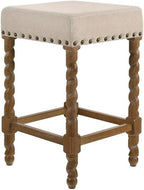 Carolina Chair & Table Remick 24" Counter Stool with Linen Upholstered Seat - Solid Wooden Frame, Twist Turned Legs with Antique Brass Nailhead Trim Accent Stool for Kitchens, Bars (Natural Oak)