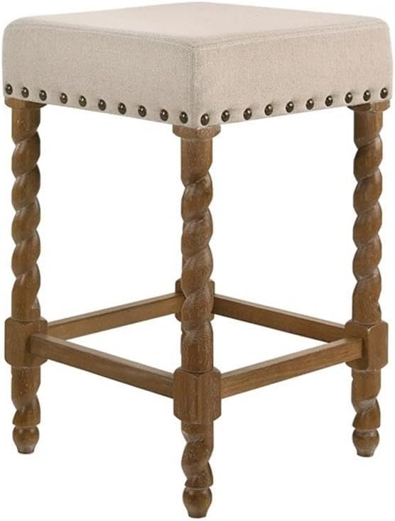 Carolina Chair & Table Remick 24" Counter Stool with Linen Upholstered Seat - Solid Wooden Frame, Twist Turned Legs with Antique Brass Nailhead Trim Accent Stool for Kitchens, Bars (Natural Oak)