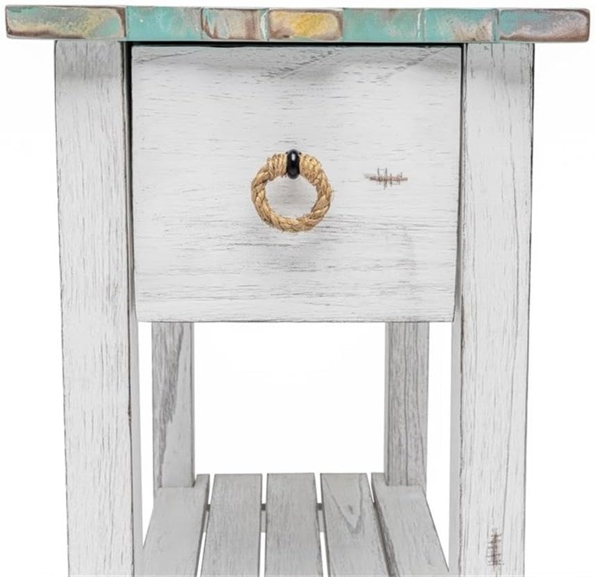 Pemberly Row Contemporary Wood Chairside Table, 25" H x 14" W x 23" D, Mindi and White Cedar, White/Blue Finish, 1 Drawer with Rope Ring Pulls, Coastal Style End Table for Living Room or Bedroom