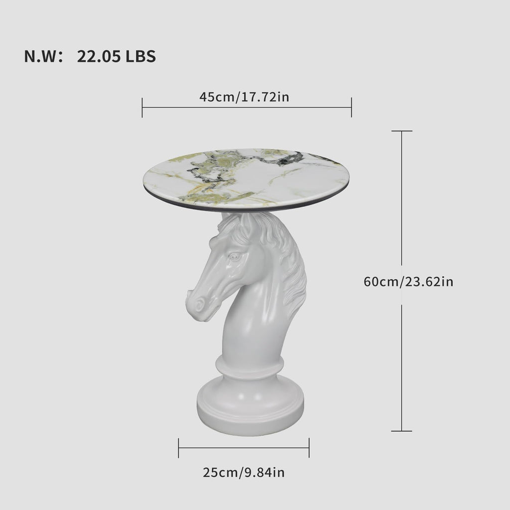 Horse Head Accent Side Table, Unique Resin Animal Statue End Tables with Faux Marble Top, Modern Classical Decoration for Home, Living Room Bedroom and Entryway (White Horse Head)