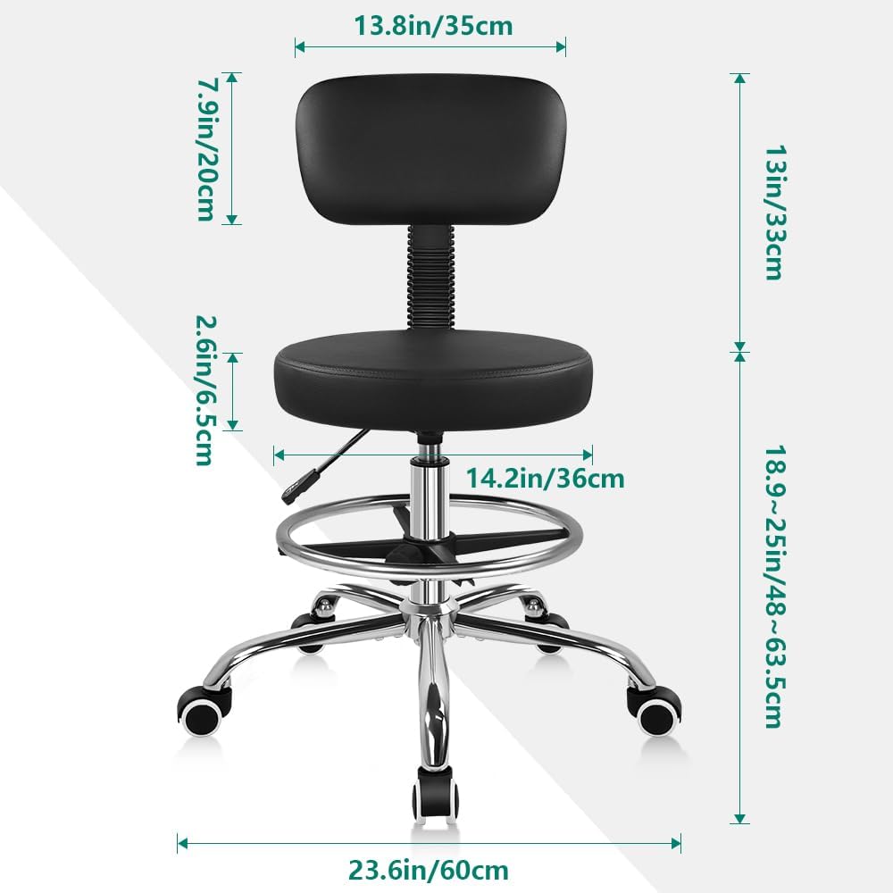 BFTOU Black Drafting Chair with Backsupport Tall Adjustable Rolling Stool with Wheels Thick Seat Cushion High Office Chair for Shop Salon Bar Kitchen Studio Home Lab Counter Space Saving