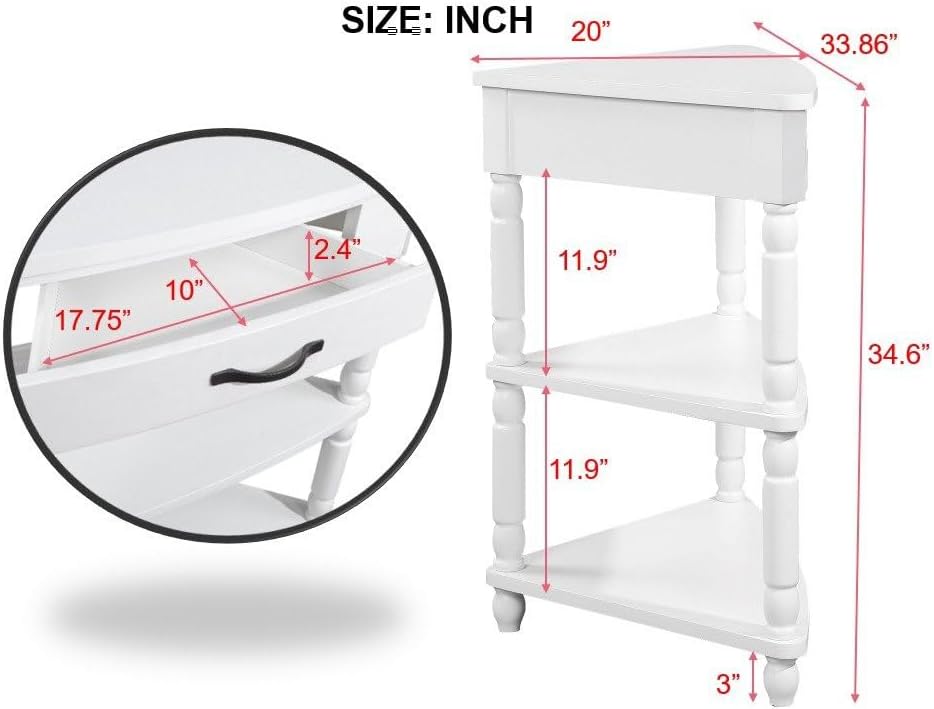 33.8'' Small Triangle Corner Table, 3 Tier End Corner Table with Solid Wood Legs, Wood Corner Side Shelf for Living Room Small Spaces (Milk White)