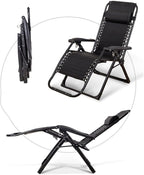 Gravity Lounge Chair Patio Adjustable Sun Lounger Garden Reclining Folding with Cup Holder(Black+Cushion B)