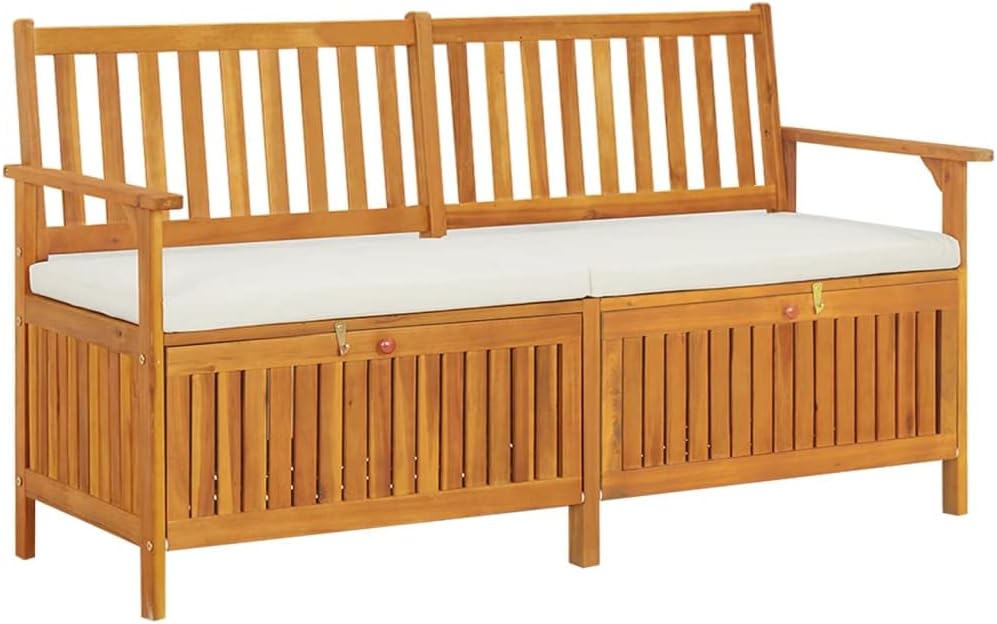Outdoor Storage Bench with Cushion, Solid Acacia Wood Entryway Seating for Garden, Patio, and Living Room, 58.3 Inch Wide