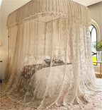 Bed Canopy Frame Set, Lace Canopy Curtains with U-Shaped Metal Frame, 3-Door Design for Bedroom Decoration