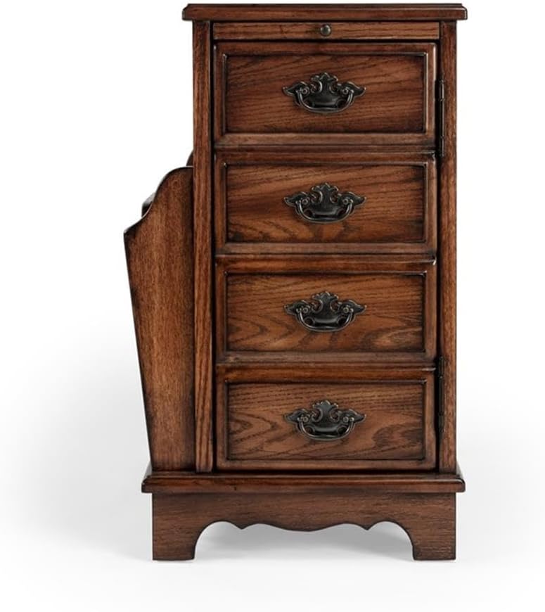 Beaumont Lane Modern Traditional Wooden Side Table, Cherry Veneers, Vintage Oak Finish, 14.5"W x 24"D x 24"H, Magazine Storage, Pull-Out Tray, Adjustable Shelf, Antique Brass Pulls for Living Room or