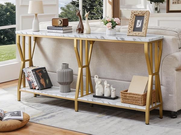 HOMISSUE Sofa Console Table, 63" Extra Long Sofa Table with 2-Tier Storage, Industrial Narrow Console Tables Behind Couch, Hallway Table for Entryway, Living Room，Gold