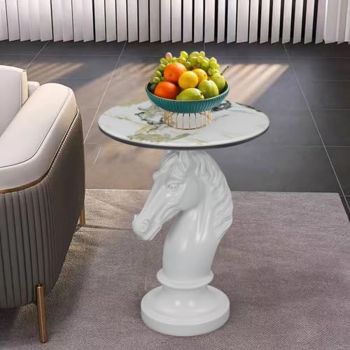 Horse Head Accent Table with Faux Marble Top, Modern Animal Sculpture End Table, Resin Decorative Side Table for Living Room Bedroom Office, Luxury White Statement Furniture