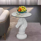 Horse Head Accent Table with Faux Marble Top, Modern Animal Sculpture End Table, Resin Decorative Side Table for Living Room Bedroom Office, Luxury White Statement Furniture