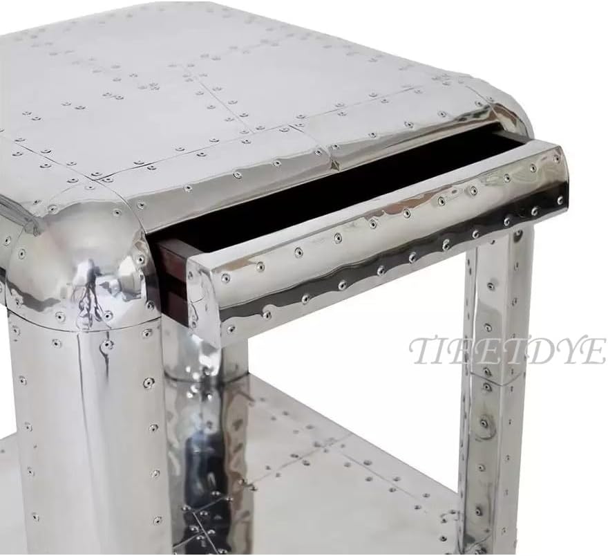 Aviator Side Table with Small Drawer Aluminum Finish Industrial Riveted Accent Table