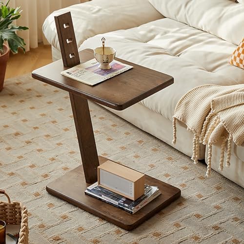 Solid Wood 2-Tier Side Table with Adjustable Height, Mobile End Table & Storage Shelves, Versatile Coffee Cart for Living Room & Bedroom Use