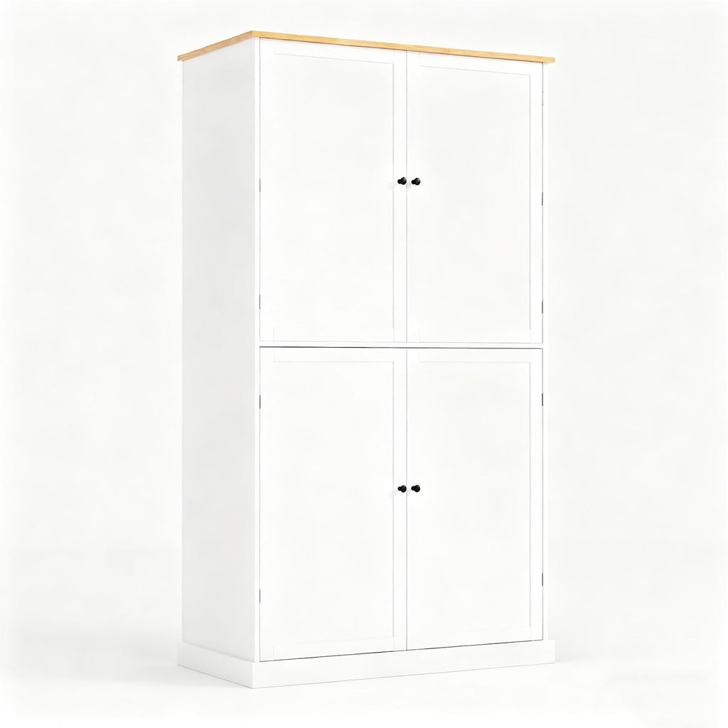 Wood Tall Storage Cabinet, 71.3" Freestanding Kitchen Pantry Cabinet with 4 Doors, 2 Inner Drawers, Adjustable Shelves for Kitchen, Dining Room, Bathroom, White