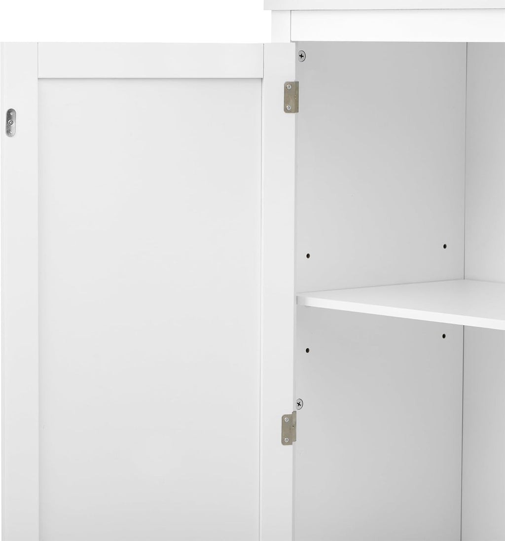 VilroCaz Versatile Wide Hall Tree with Storage Cabinet, Adjustable Side Shelves, Doors and 4 Hooks, Brown Wood Grain Shoe Bench with 2 Drawers, Entryway Coat Rack for Living Room Hallway (White-3.19)
