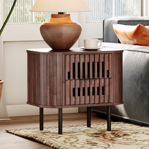 WAMPAT Fluted Nightstand, Modern Wooden End Table with 2 Drawer, Storage Bedside Table for Bedroom and Living Room